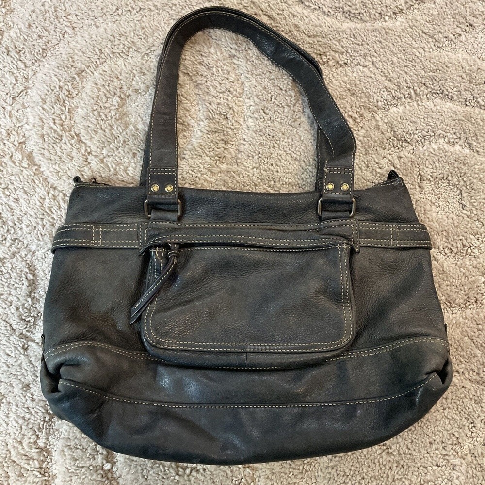 Fossil Soft Pebbled Leather Handbag Black Gray Paisley Purse EUC